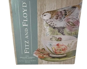 Fitz and Floyd Tea Cup Saucer & Tea Rest Set English Garden Peony Butterfly