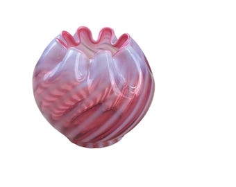 Vintage Fenton Cranberry Opalescent Swirl Optic Art Glass Rose Bowl Vase 4.5"H