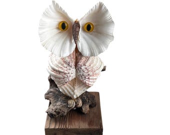 Vintage Large Sea Shell Owl Art Sculpture On Wood Base Beach House Decor