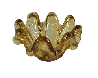 Vintage Amber Blown Art Glass Trinket Dish