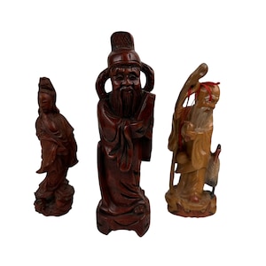 Vintage Wood Carved Asian Figures Lot Of 3 Figures