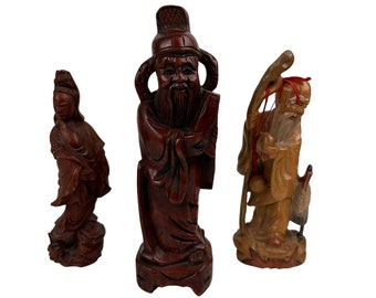 Vintage Wood Carved Asian Figures Lot Of 3 Figures