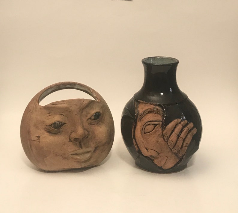 Pottery Face Jugs Two Hand Thrown Clay Vases Pot With Face Etsy