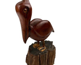 Vintage Wood Carved Pelican Folk Art Figure Signed JPS 85
