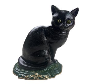 Vintage Cast Iron Door Stop Large Sitting Cat with Glass Eyes