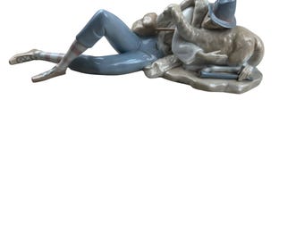 Vintage Porceval Spain Porcelain Shepherd Figurine Reclining Pastoral Rococo Style