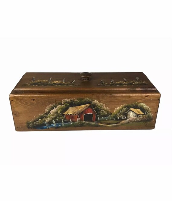 Vintage Hand Painted Wooden Folk Art Box With Lid Signed Etsy
