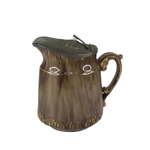 Vintage Glazed Pottery Creamer With Pewter Lid
