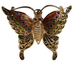 Vintage Goldtone Butterfly Crystal Jeweled Glass Perfume Bottle w/ Dobber