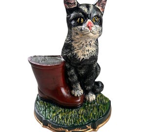 Painted Cast Iron Metal 11.5" Black & White Cat Puss N' Boot Doorstop