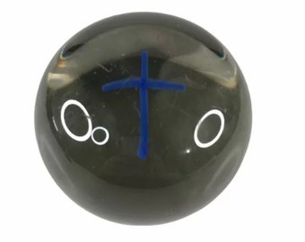 Antique Early 1900’s Blown Glass Paperweight With Blue Cross Symbol