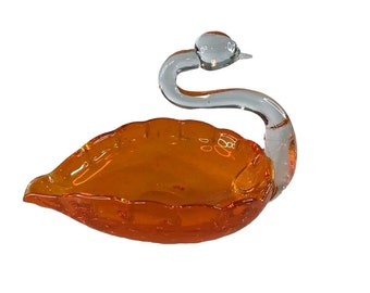 Vintage Orange Blown Glass Swan with Clear Neck and Head Candy Trinket Dish