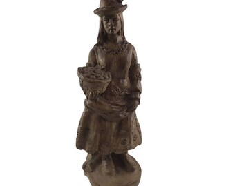 Vintage Clay Woman With Basket And Dress Figure Sculpture Marked On Bottom