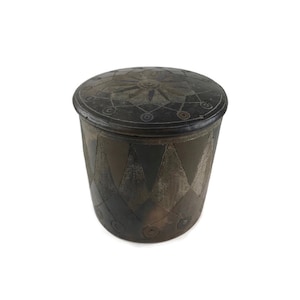 Mexico Barro Negro pottery jar with lid purple blue green and brown color pigments