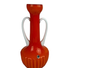 EMPOLI Italy 1960s MCM Cased Glass Orange Vase Double Handles  Ribbed Base