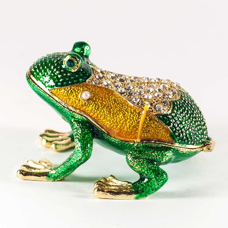 Austrian Crystal Decorated Box Faberge Frog Collection Jewelry Box Green Frog Faberge Style Enamel Jewelry Box