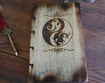 Yin Yang Dragons, Hand bound, notebooks, Sketch book, custom paper, Grimoire, Diary