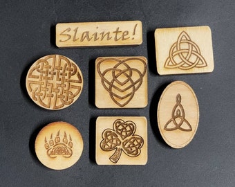 Magnets, Dara knot, Slainte, Clover, Paw, Mother Child, heart knot, Triquetra, Engraved