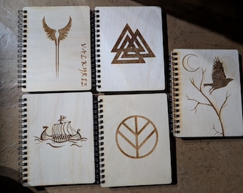 Spiral Custom Crafted Wood Books, Notebooks, Sketch book, celtic, Triple Moon, lotus, Dara knot, triquetra