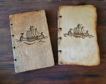 Viking Ship, Notebook, diary, Sketch book, aged paper, wood burned, engraved