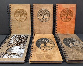Spiral Notebooks, Sketchbook, Wood Book, Tree of Life