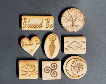 Magnets, Wood Engraved, Tree of Life, Spiral Goddess, Triple Moon, Triskelion,  Lotus, Blessed Be