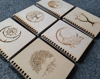 Tree of Life,  Spiral Custom Crafted Wood Books, Notebooks, Sketch book, Moon, Sunflower, yin Yang