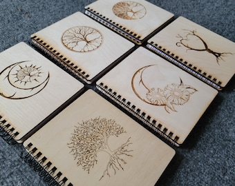 Tree of Life,  Spiral Custom Crafted Wood Books, Notebooks, Sketch book, Moon, Sunflower, yin Yang