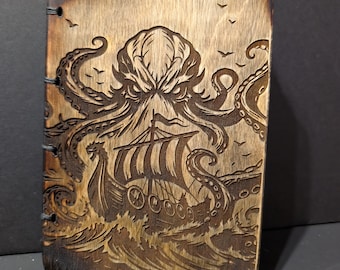 Kraken Hand bound, Notebooks, Sketch Book, Custom Paper, Grimoire, Diary, Wood Book