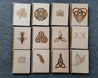 Spiral Custom Crafted Wood Books, Notebooks, Sketch book, celtic, Triple Moon, lotus, Dara knot, triquetra
