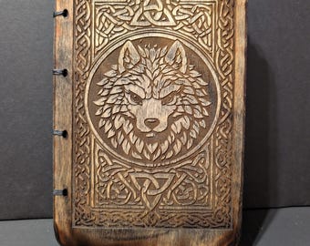 Wolf, Hand bound, Notebooks, Sketch Book, Custom Paper, Grimoire, Diary, Wood Book