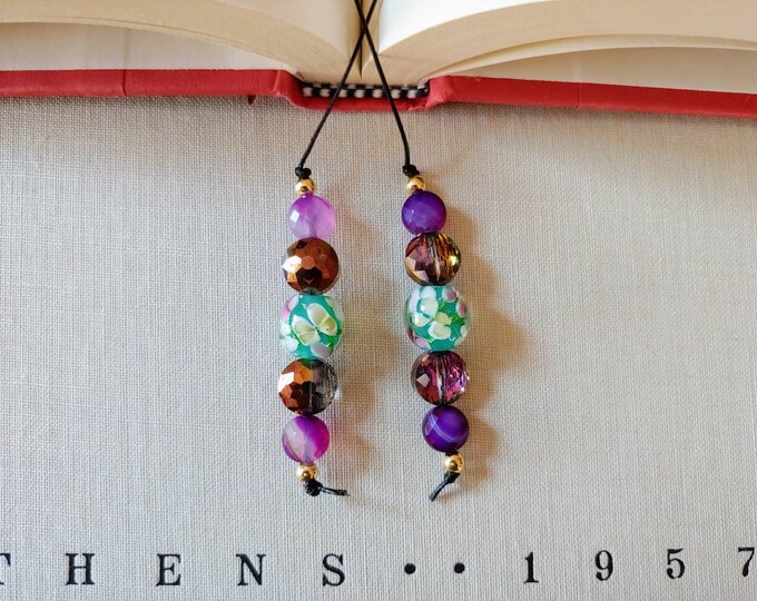 Beaded Crystal Book Thong With Flowered Lampwork Beads and Faceted