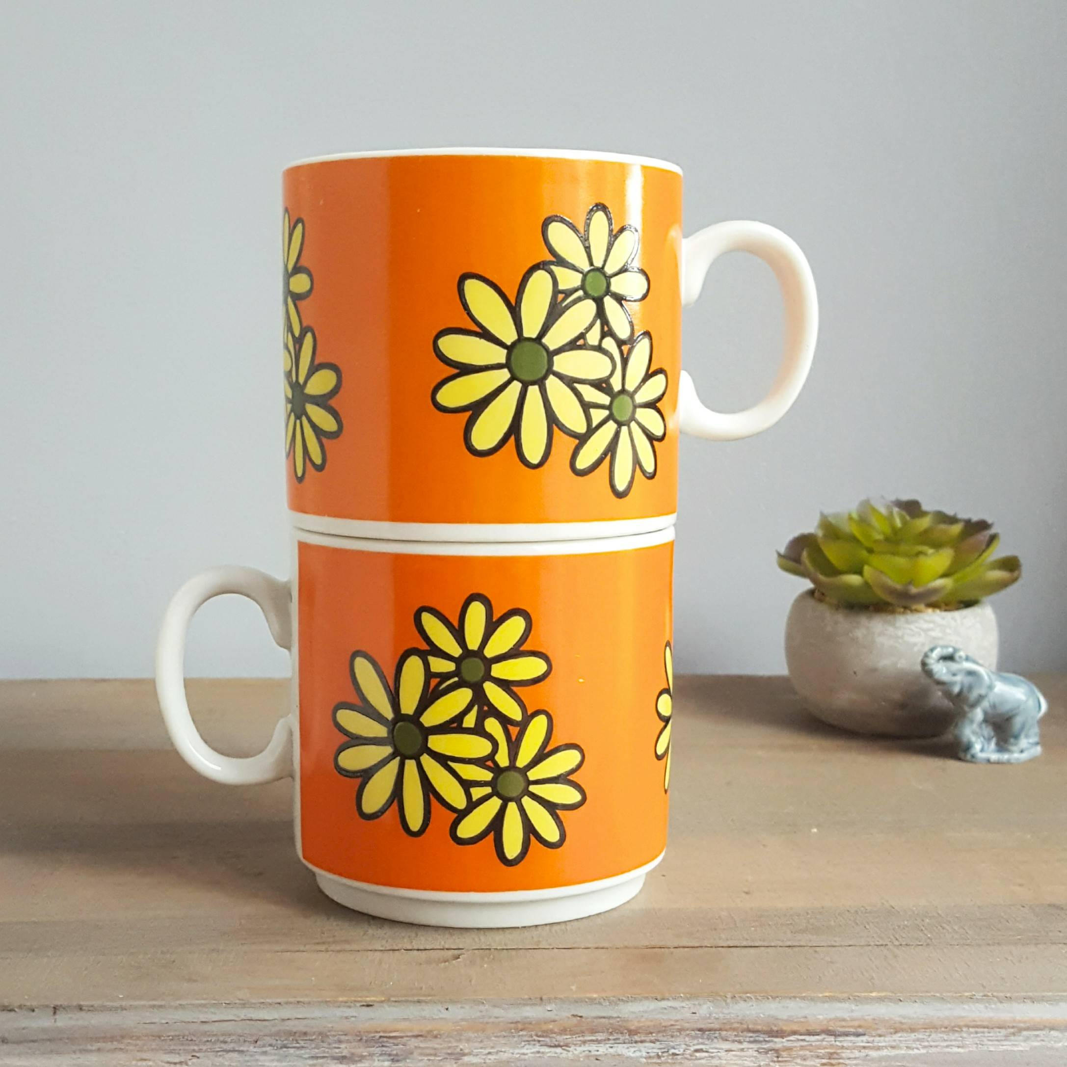 Download Two Mod Daisy Mugs in Orange and Yellow, 1960s Vintage ...