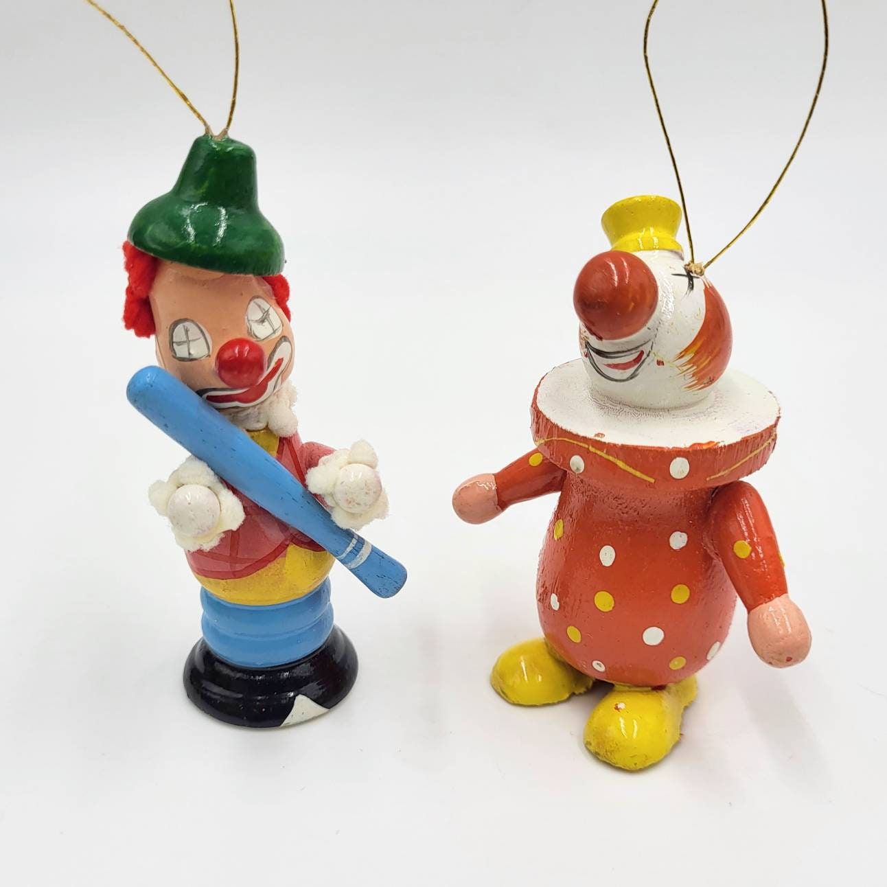 2 Wooden Clown Ornaments Vintage Kitschy Christmas Decorations, Pair of