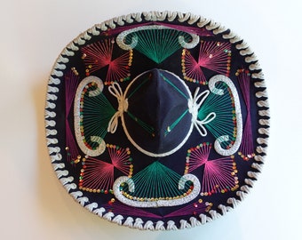 Vintage Sombrero- Black with Pink, Green, and Silver Accents In Great Condition