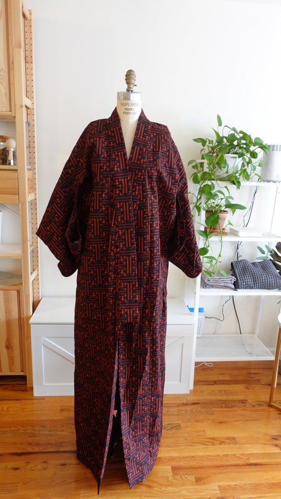 Vintage Kimono- Wool Black and Red Geo Woven Patte