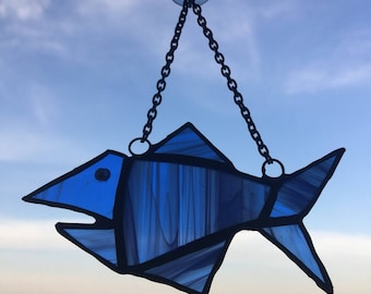 Fish stained glass suncatcher Shark Sea animals ornament Ocean Blue glass art Wall Window hang Decor Home Living art Customized sea animals