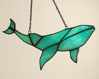 Blue Iridescent Stained Glass Whale: Handmade Nautical Window Art