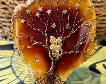 Fire Agate, Tree of Life Display, Wire Wrapped Tree of Life, Agate, Owl, Handmade, Crystal Display, Desk Accessories, Tree of Life Gift