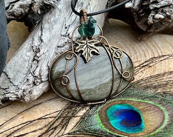 Goldsheen Obsidian, Crystal Pumpkin Pendant, Pumpkin necklace, Wire Wrap crystal, Halloween, Halloween Jewelry, Obsidian Jewelry,