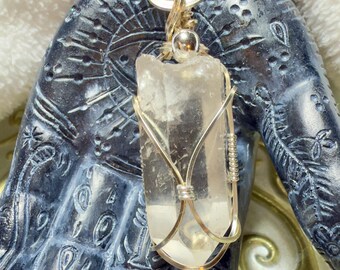 Handmade Clear Quartz Natural Point Crystal Pendant: Wire Wrapped Boho Jewelry