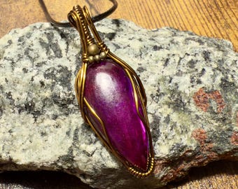 Handmade Dyed Labradorite Teardrop Crystal Pendant: Vintage Bronze Wire Wrapped Boho Jewelry