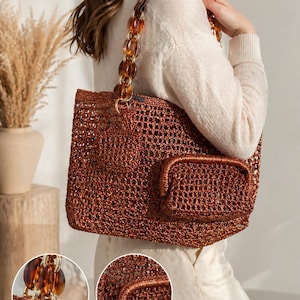 Handmade Copper Crochet Tote Bag, Metallic Boho Beach Purse, Tortoise Chain Straps