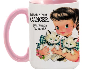CÁNCER: ¡P*rra, vencí al cáncer…! / cáncer de mama / vintage / taza divertida