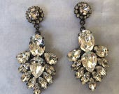 Clear Swarovski crystal teardrop Statement Earrings, gunmetal settings, wedding earrings, bridal earrings, matte black settings, chandelier