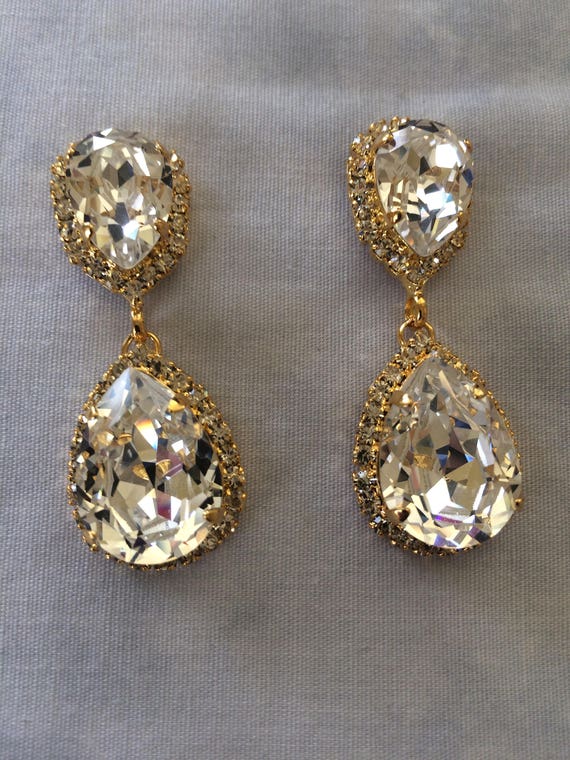 Clear Swarovski Crystal Twin Teardrop Earrings wedding | Etsy