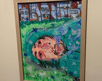 9x12" Framed Acrylic Painting | Man Smoking in Snow While City Burns