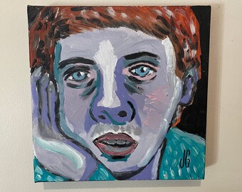 10x10x1.5” Original Acrylic Painting on Thick Stretched Canvas | Strange Purple Boy Leaning on Hand | Unique Expressionist Portrait Artwork