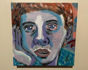 Pintura original en acrílico y óleo de 10x10 pulgadas / Niño morado con la barbilla apoyada en la mano