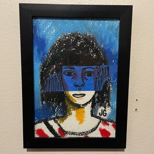 Desenho de mídia mista emoldurado original de 5x7” | Pastéis de óleo, marcador e fita adesiva em papel | Ilustração única de arte contemporânea